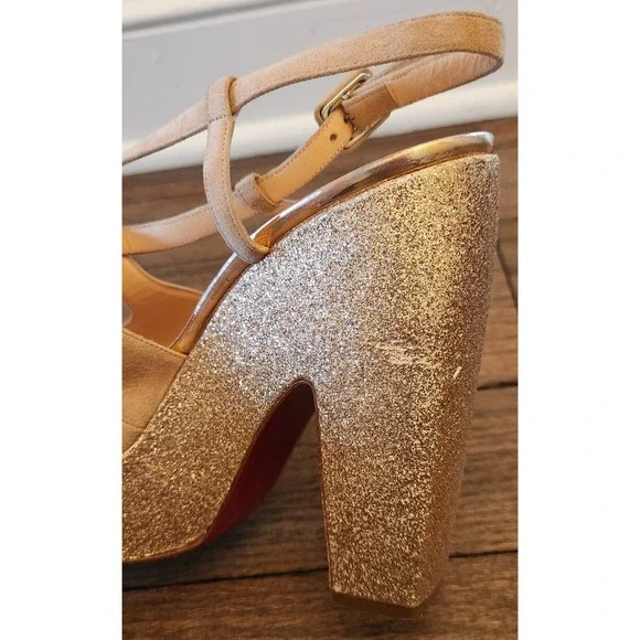 Christian Louboutin Size 39.5 Martel 140mm Glitter Suede Slingback Neutrals - Picture 6 of 8